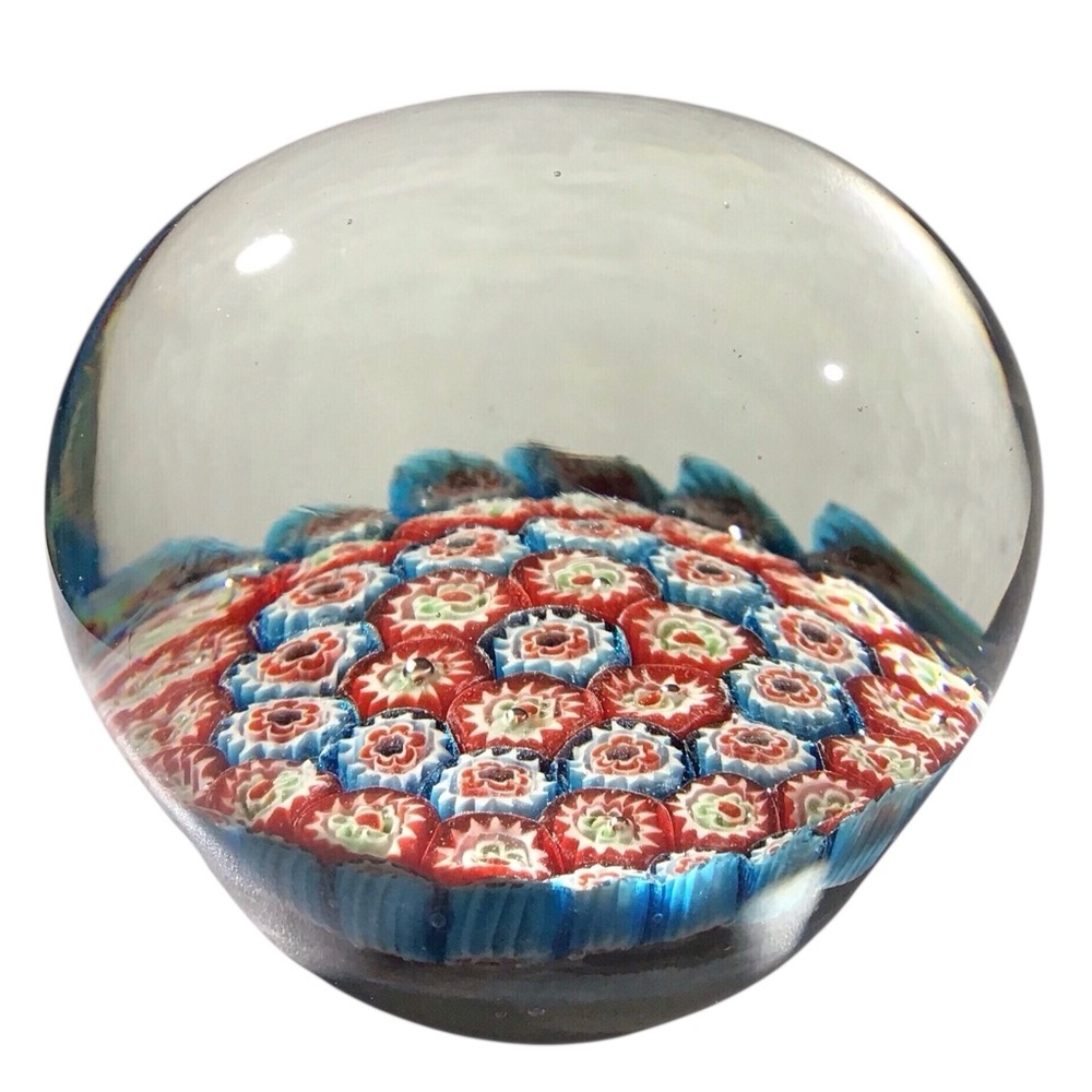 Millefiori Glass Paperweight Red Blue Yellow Vintage